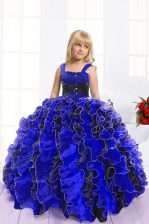 Best Blue And Black Organza Lace Up Little Girls Pageant Gowns Sleeveless Floor Length Beading and Ruffles