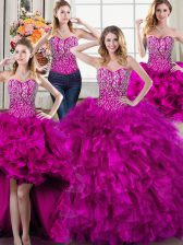 Luxurious Four Piece Fuchsia Organza Lace Up Sweetheart Sleeveless Vestidos de Quinceanera Beading and Ruffles