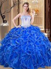 Unique Ball Gowns 15th Birthday Dress Royal Blue Strapless Organza Sleeveless Floor Length Lace Up