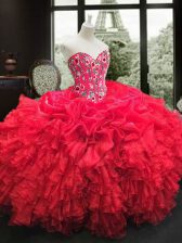 Top Selling Red Sleeveless Organza Lace Up 15 Quinceanera Dress for Military Ball and Sweet 16 and Quinceanera