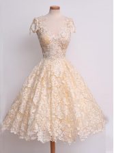 Stylish Peach V-neck Neckline Lace Prom Gown Cap Sleeves Zipper