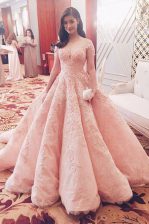 Excellent Pink Zipper Evening Dress Lace Short Sleeves With Train Sweep Train