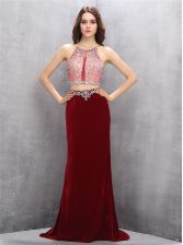 Excellent Scoop Sleeveless Sweep Train Beading Criss Cross Prom Evening Gown