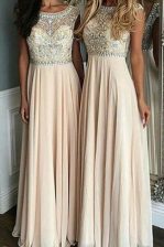 Vintage Champagne Side Zipper Dress for Prom Beading Cap Sleeves Floor Length