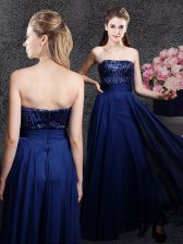 Classical Navy Blue Sleeveless Sequins Floor Length 