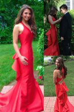 Best Mermaid V-neck Sleeveless Court Train Ruffles Red Satin