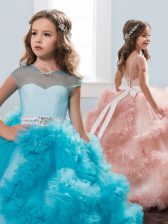  Scoop Short Sleeves Backless Floor Length Ruffles and Bowknot Kids Formal Wear