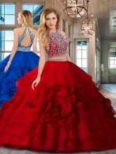  Scoop Sleeveless Backless 15th Birthday Dress Red Organza