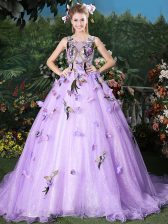 Latest Scoop Lavender Lace Up Quinceanera Gown Appliques Sleeveless Brush Train