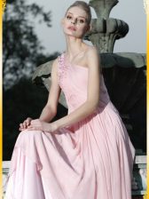 Dynamic One Shoulder Baby Pink Chiffon Side Zipper Prom Evening Gown Sleeveless Floor Length Ruching and Hand Made Flower