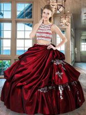Enchanting Wine Red Two Pieces Taffeta Scoop Sleeveless Beading and Appliques and Pick Ups Floor Length Backless 15 Quinceanera Dress