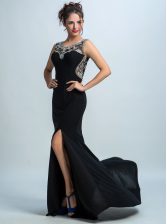 Cheap Mermaid Scoop Sleeveless Chiffon With Brush Train Zipper Evening Dress in Black with Beading
