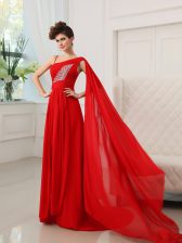 Classical One Shoulder Sleeveless Court Train Beading and Ruching Zipper Prom Gown