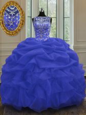 Charming Scoop Beading and Pick Ups Sweet 16 Dress Blue Lace Up Sleeveless Floor Length