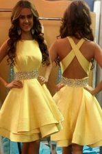  Scoop Yellow A-line Beading Prom Dress Criss Cross Satin Sleeveless Knee Length