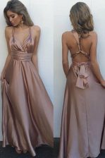 Glittering Pink Satin Criss Cross Prom Evening Gown Sleeveless Floor Length Pleated