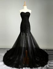  Mermaid With Train Black Homecoming Dress Sweetheart Sleeveless Brush Train Zipper