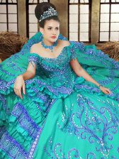 Traditional Off the Shoulder Sleeveless Satin Floor Length Lace Up Vestidos de Quinceanera in Turquoise with Embroidery