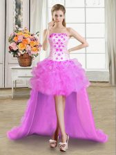  Lilac Ball Gowns Strapless Sleeveless Tulle High Low Lace Up Beading and Appliques and Ruffles Prom Dresses