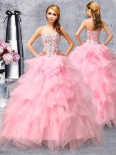  Sweetheart Sleeveless Organza Ball Gown Prom Dress Beading and Ruffles Lace Up