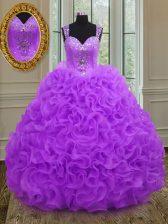 Beauteous Purple Organza Zipper Straps Sleeveless Floor Length Ball Gown Prom Dress Beading and Ruffles