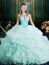  Halter Top Clasp Handle Organza Sleeveless 15th Birthday Dress Brush Train and Beading and Lace and Ruffles