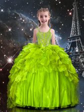 Trendy Yellow Green Organza Lace Up Little Girls Pageant Dress Wholesale Sleeveless Floor Length Beading and Ruffles