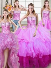 Four Piece Sleeveless Organza Floor Length Lace Up 15 Quinceanera Dress in Multi-color with Ruffles and Sequins