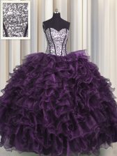 Visible Boning Purple Sleeveless Ruffles and Sequins Floor Length Sweet 16 Dresses