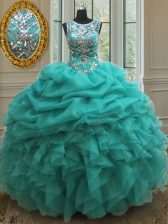 Custom Design Pick Ups See Through Ball Gowns Sweet 16 Dresses Turquoise Scoop Organza Sleeveless Floor Length Lace Up