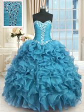 Suitable Organza Sweetheart Sleeveless Lace Up Beading and Ruffles Quinceanera Dresses in Baby Blue