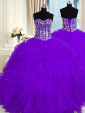 High Quality Eggplant Purple Lace Up Sweetheart Beading and Ruffles Quinceanera Dress Organza Sleeveless