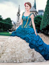  Straps Sleeveless Brush Train Beading and Ruffles and Pick Ups Lace Up Quince Ball Gowns