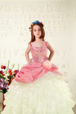 Graceful Pink Straps Lace Up Beading and Ruffled Layers and Hand Made Flower Kids Formal Wear Sleeveless