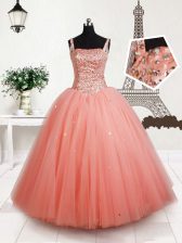  Straps Sleeveless Tulle Floor Length Lace Up Little Girl Pageant Gowns in Peach with Beading