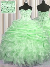 Beauteous Sweetheart Sleeveless Organza 15th Birthday Dress Beading and Ruffles and Pick Ups Brush Train Lace Up