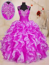 Colorful Sleeveless Floor Length Beading and Ruffles Lace Up Vestidos de Quinceanera with Fuchsia