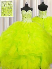 Simple Visible Boning Beaded Bodice Yellow Lace Up Quinceanera Gown Beading and Ruffles Sleeveless Floor Length