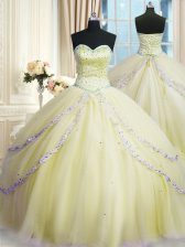 Exquisite Sweetheart Sleeveless Court Train Lace Up Quinceanera Dresses Light Yellow Organza