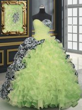 Fantastic Printed Sleeveless With Train Beading and Ruffles and Pattern Lace Up Sweet 16 Dress with Yellow Green Brush Train