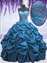 Customized Teal Taffeta Lace Up Sweetheart Sleeveless Floor Length Quince Ball Gowns Beading and Appliques and Pick Ups