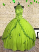 Decent Halter Top Floor Length Ball Gowns Sleeveless Yellow Green Quinceanera Gown Lace Up
