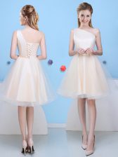 Customized One Shoulder Champagne Tulle Lace Up Court Dresses for Sweet 16 Sleeveless Knee Length Bowknot