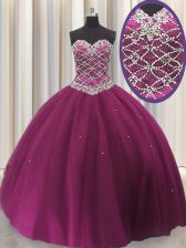  Sleeveless Tulle Floor Length Lace Up 15th Birthday Dress in Fuchsia with Beading and Sequins
