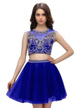 Stunning Blue Scoop Neckline Beading Prom Gown Sleeveless Criss Cross