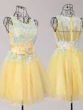 New Style Tulle Scoop Sleeveless Zipper Appliques and Bowknot Prom Party Dress in Yellow