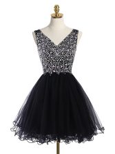 Fashionable Black V-neck Zipper Beading Prom Gown Sleeveless