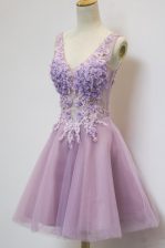 New Style Lavender V-neck Zipper Appliques Prom Gown Sleeveless