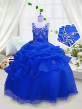 Cute Royal Blue Ball Gowns Beading and Pick Ups Girls Pageant Dresses Zipper Organza Sleeveless Floor Length