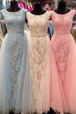 Amazing Sweep Train A-line Dress for Prom Light Blue Scoop Tulle Sleeveless With Train Zipper